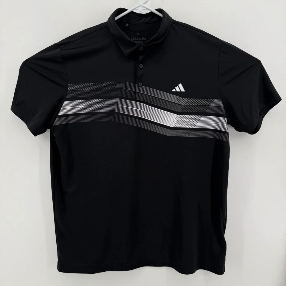 Adidas Polo Shirt Mens XL Graphic Chest Stripe Performance Polyester Black